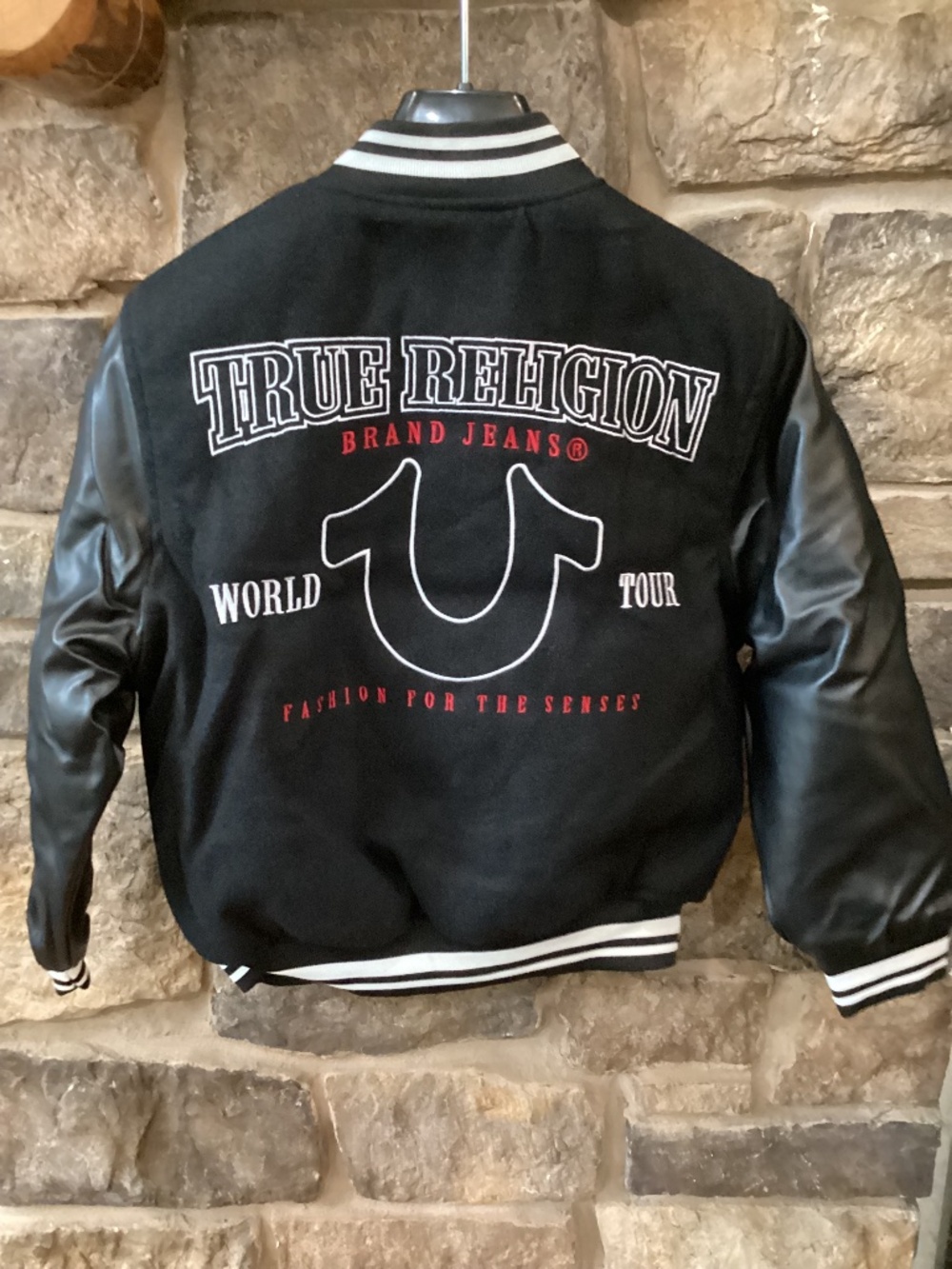 True Religion Boys Medium 8 Varsity Jacket Black Red Logo NWT